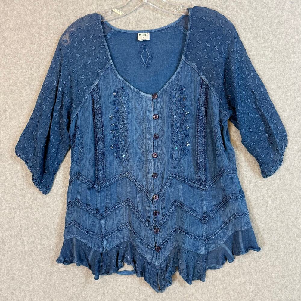O.P.C. Peasant Top Size M Embroidered Sequins Handkerchief Hem Ren Faire Gypsy